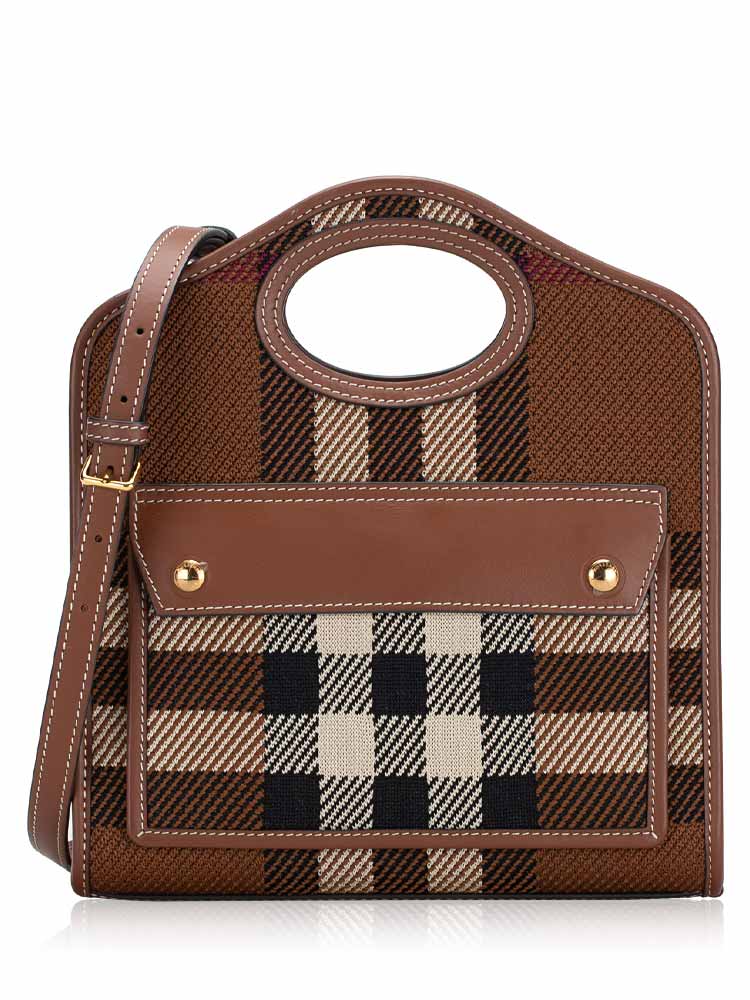 Smooth Calfskin Canvas Check Mini Pocket Bag Dark Birch Brown