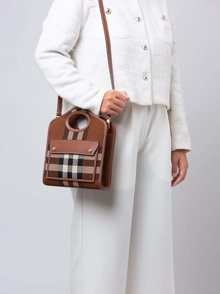 Smooth Calfskin Canvas Check Mini Pocket Bag Dark Birch Brown