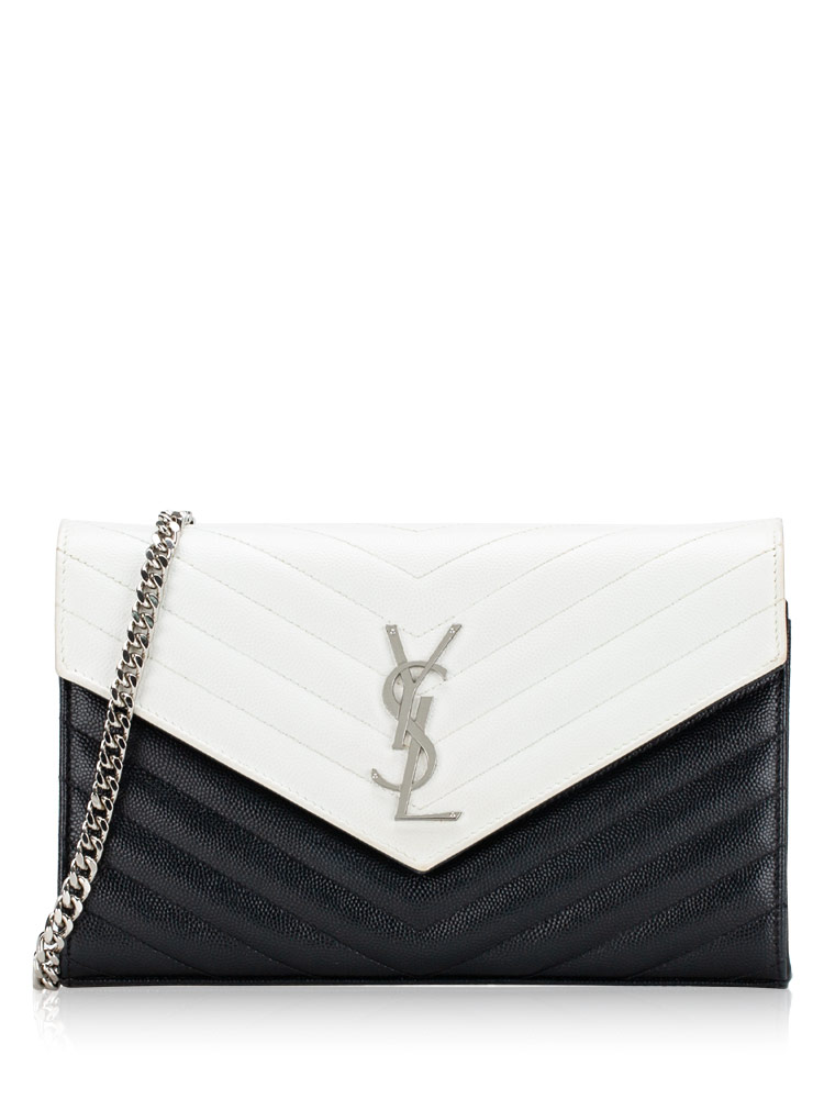 Grain De Poudre Matelasse Bi-Color Monogram 22cm Chain Wallet White Black