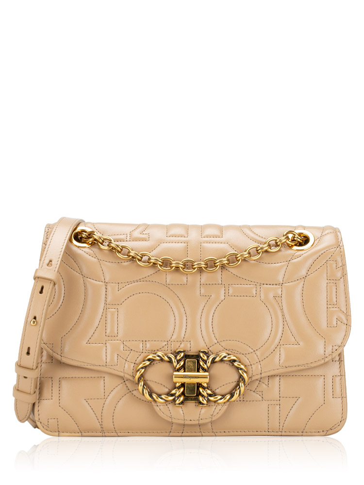 Calfskin Quilted Gancini Flap Bag Dune