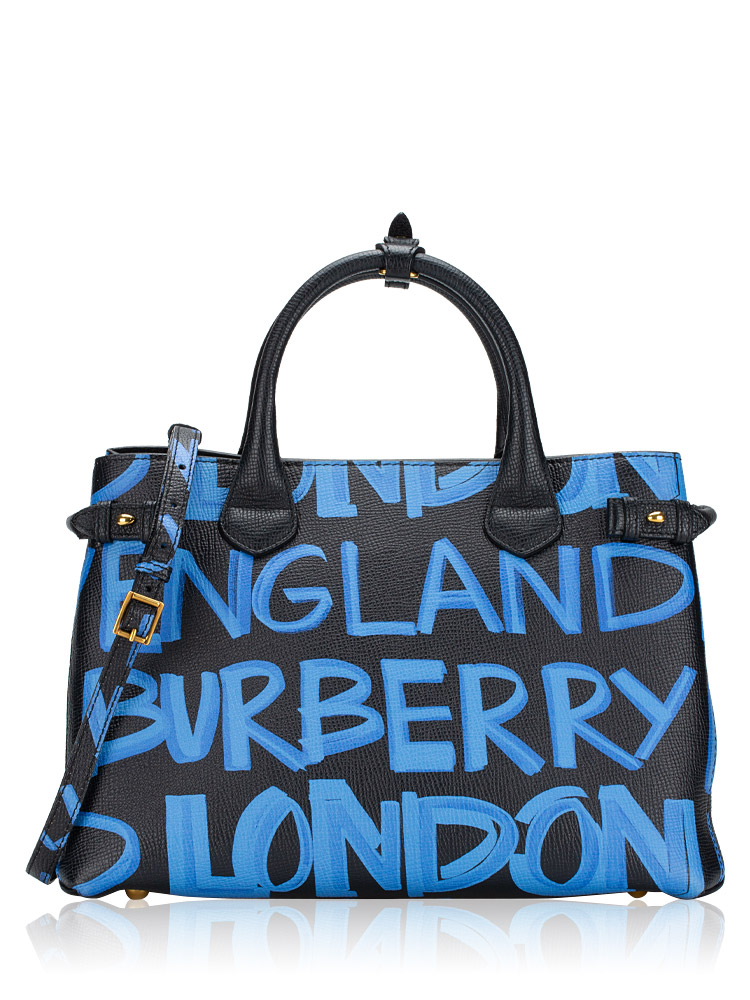 Grainy Calfskin Graffiti Banner Medium Tote Blue Black