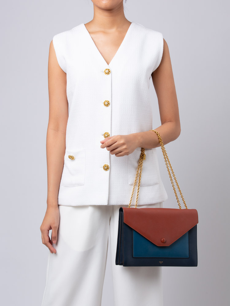 Shiny Calfskin Pocket Chain Shoulder Bag Metallic Blue