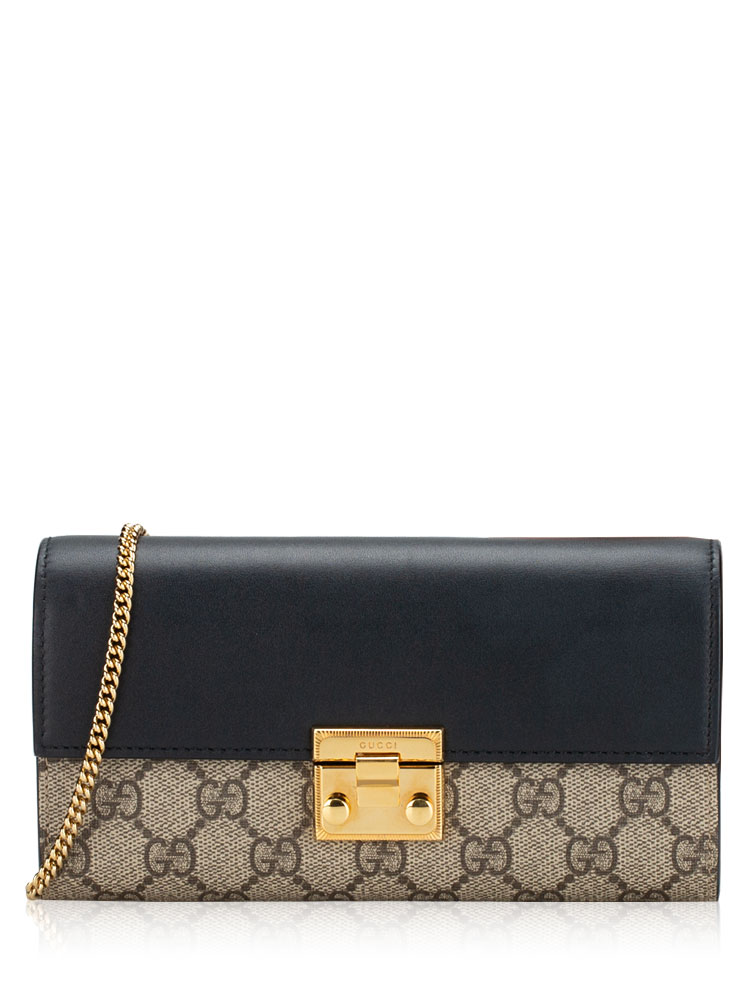GG Supreme Calfskin Padlock Continental Chain Wallet Beige Ebony Black