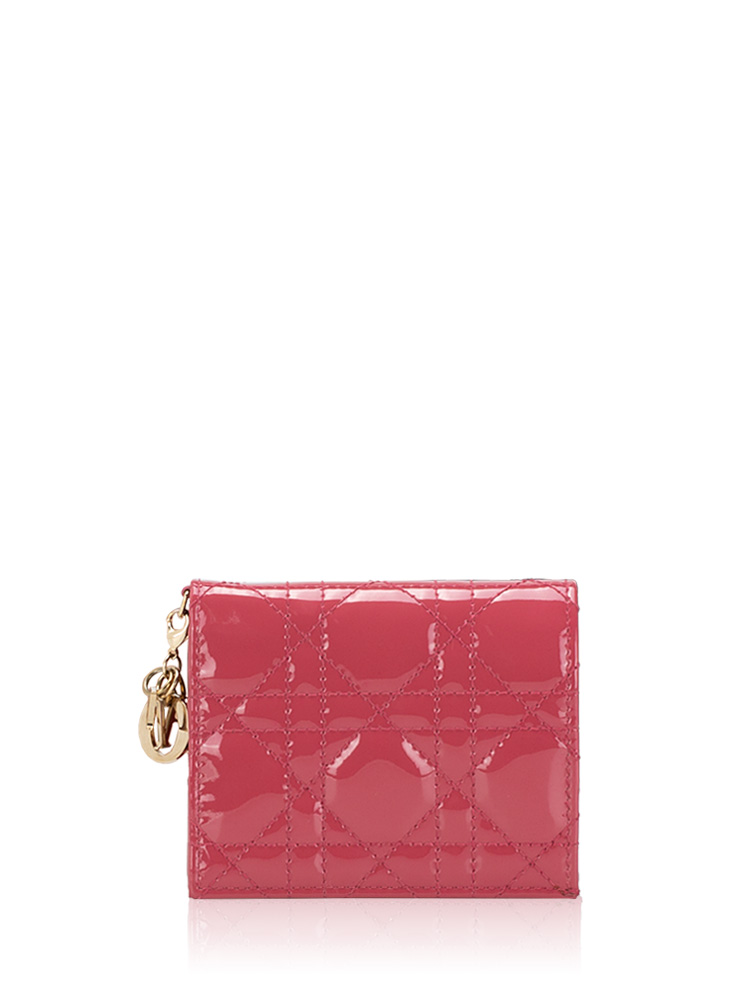 Patent Cannage Lady Dior Flap Card Holder Framboise