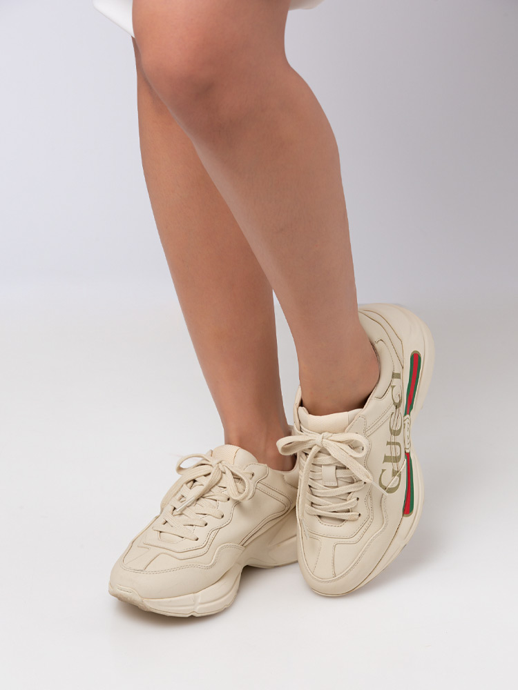 Calfskin Rhyton Logo Sneakers White Ivory Sz 36
