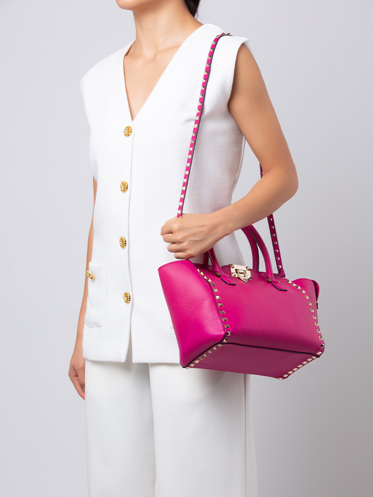 Vitello Rockstud Double Handle Small Tote Purple Violet