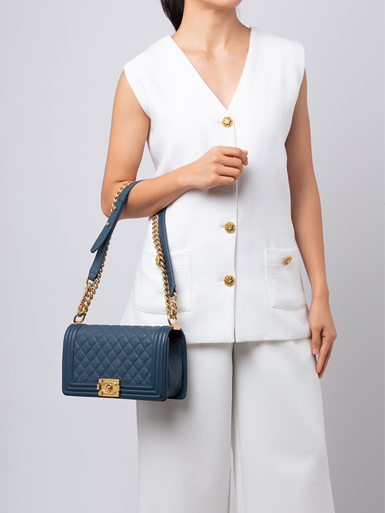Caviar Medium Boy Flap Bag Navy Blue