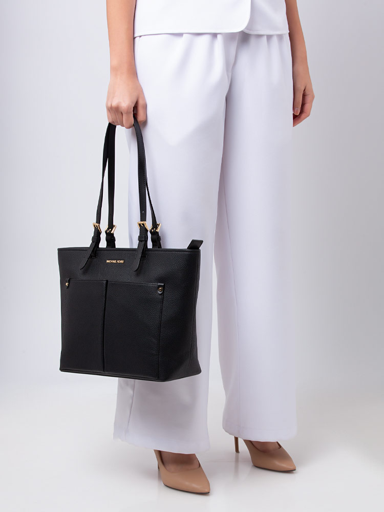 Jet Set Leather Medium Double Pocket Tote Black