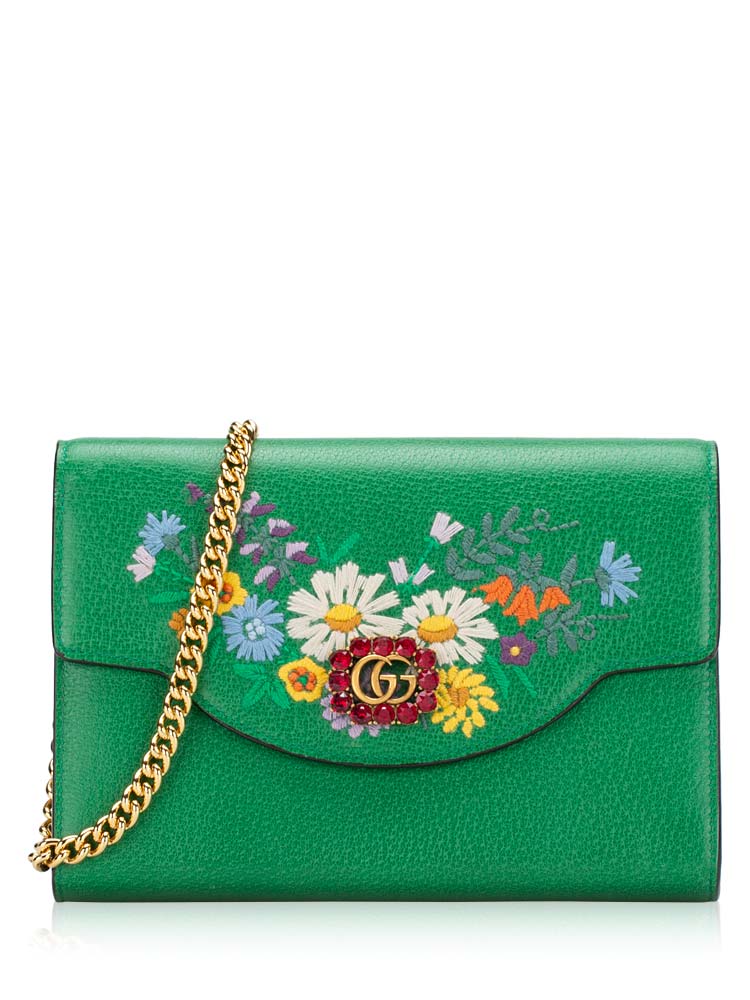 Textured Calfskin Floral Embroidered Crystal Fiori Shoulder Bag Grass Green