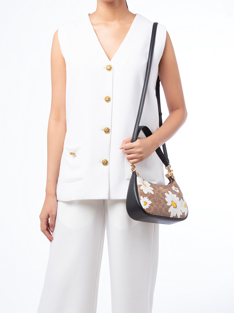 CZ586 Signature Floral Printed Teri Shoulder Bag Tan Multi
