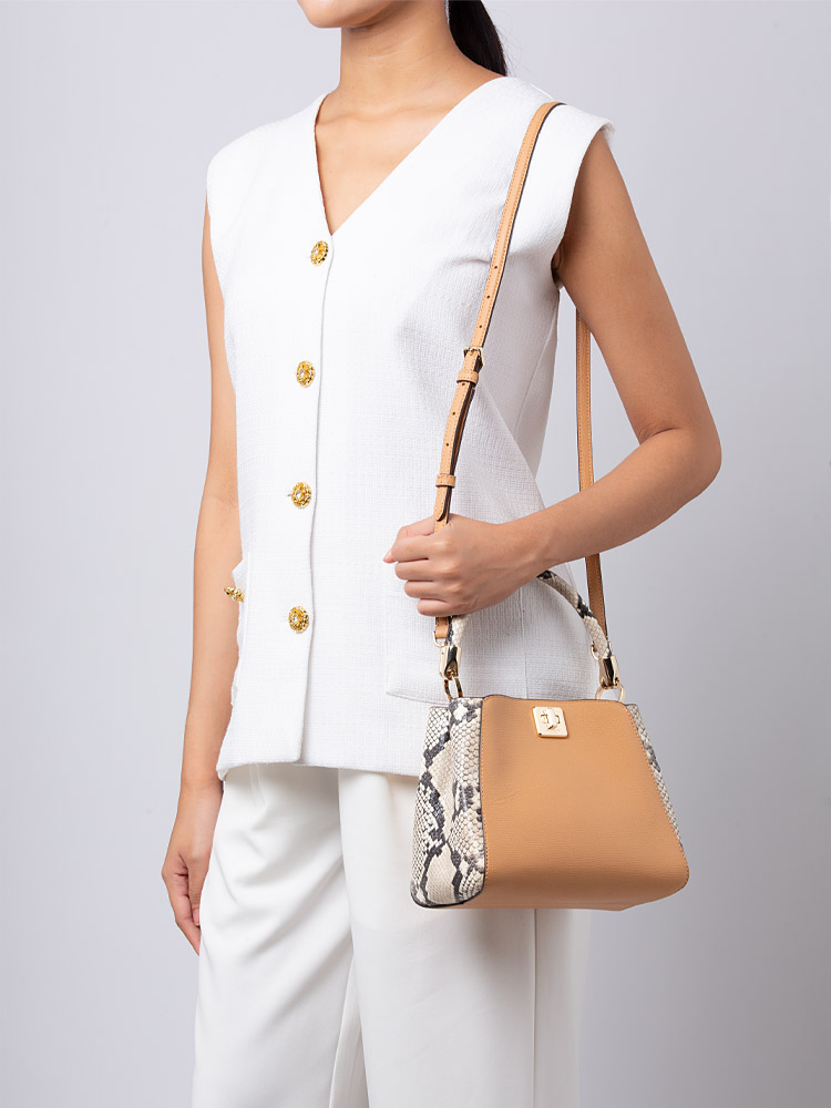 Phoebe Snake Embossed Top Handle Satchel Tiramisu Multi