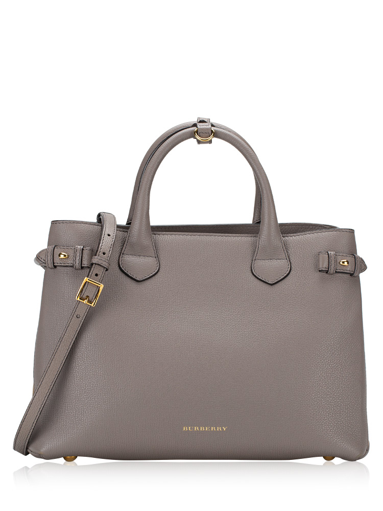 Grainy Calfskin House Check Banner Medium Tote Grey