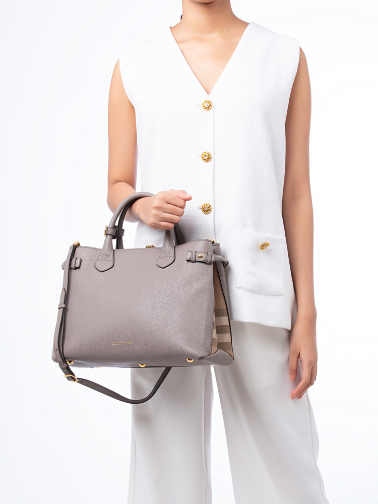 Grainy Calfskin House Check Banner Medium Tote Grey