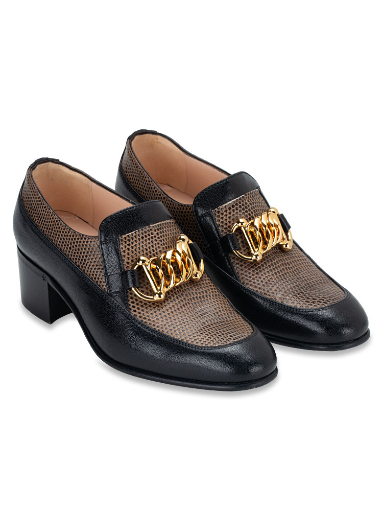 Lizard Goatskin Ebal Horsebit Chain Mid-Heel Loafers Black Sz 35
