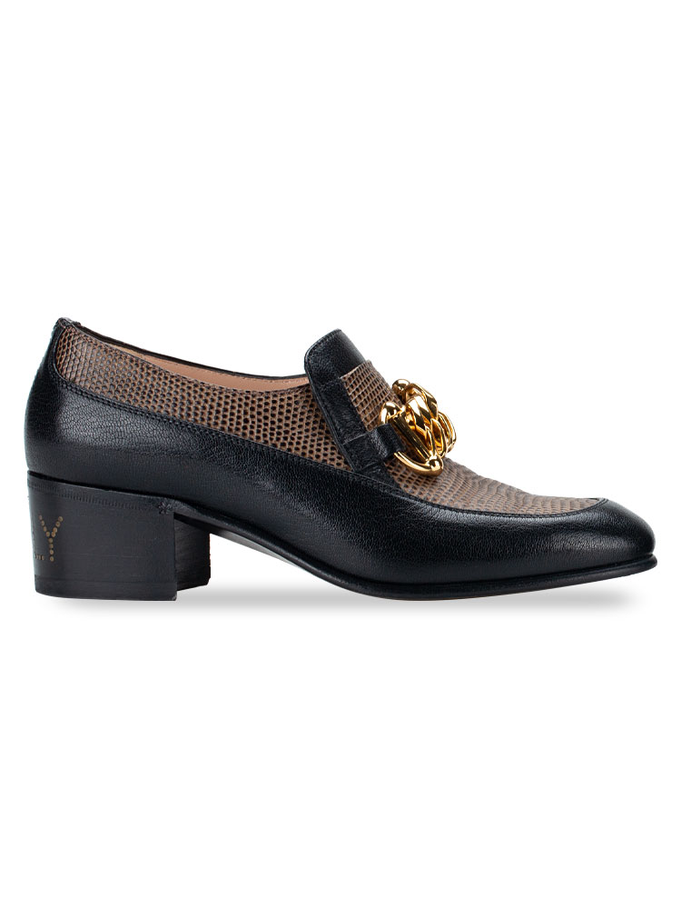 Lizard Goatskin Ebal Horsebit Chain Mid-Heel Loafers Black Sz 35