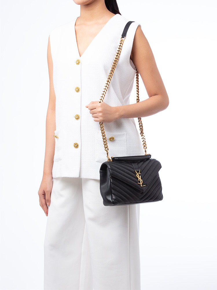 Sheepskin Matelasse Monogram College Medium Shoulder Bag Black