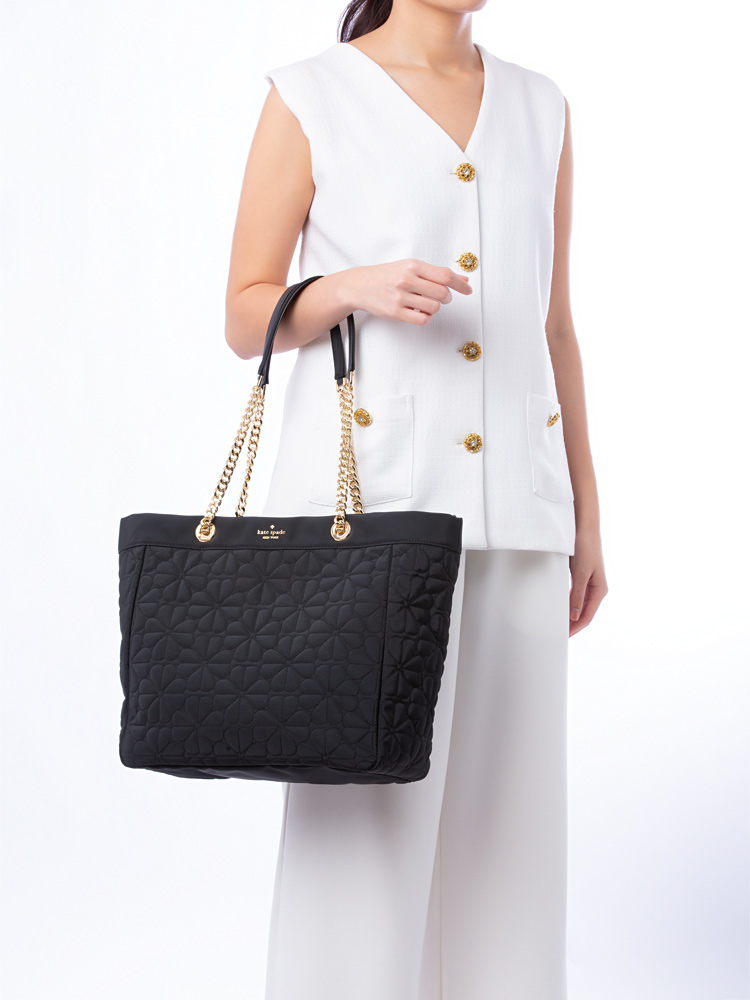 Spade Flower Quilted Nylon Large Chain Tote Black