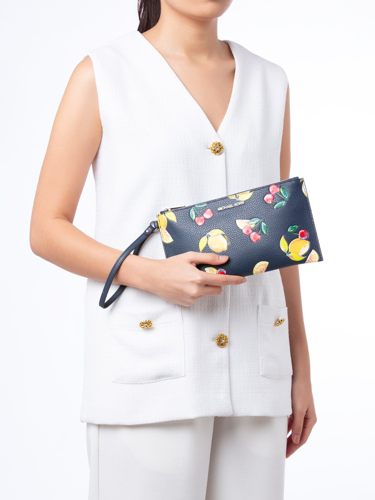 Jet Set Travel Sequined Fruit Print Large Wristlet Navy