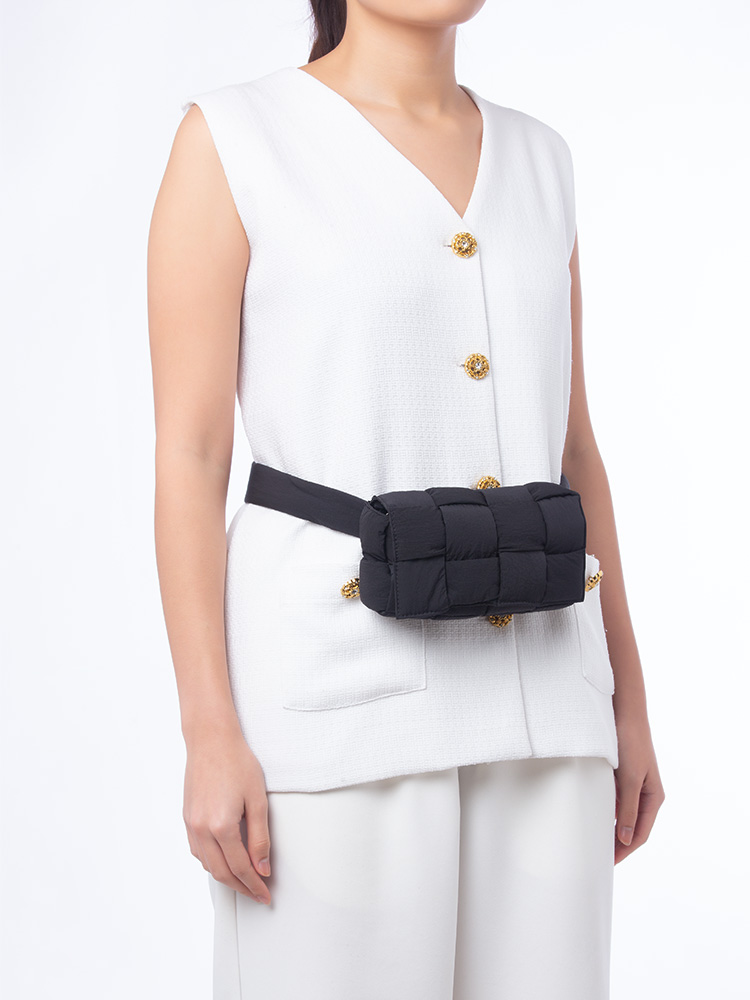 Nylon Intrecciato Padded Cassette Belt Bag Black