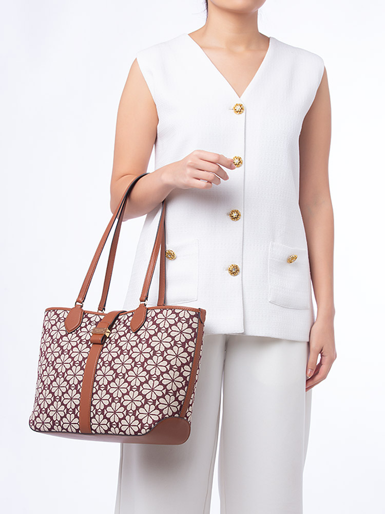 Spade Flower Jacquard Medium Open Tote Burgundy Multi