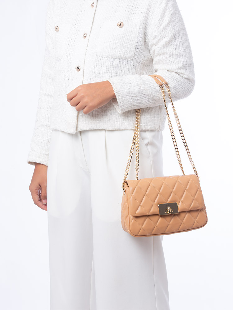 Carey Quilted Small Flap Crossbody Bag Tiramisu Mousse