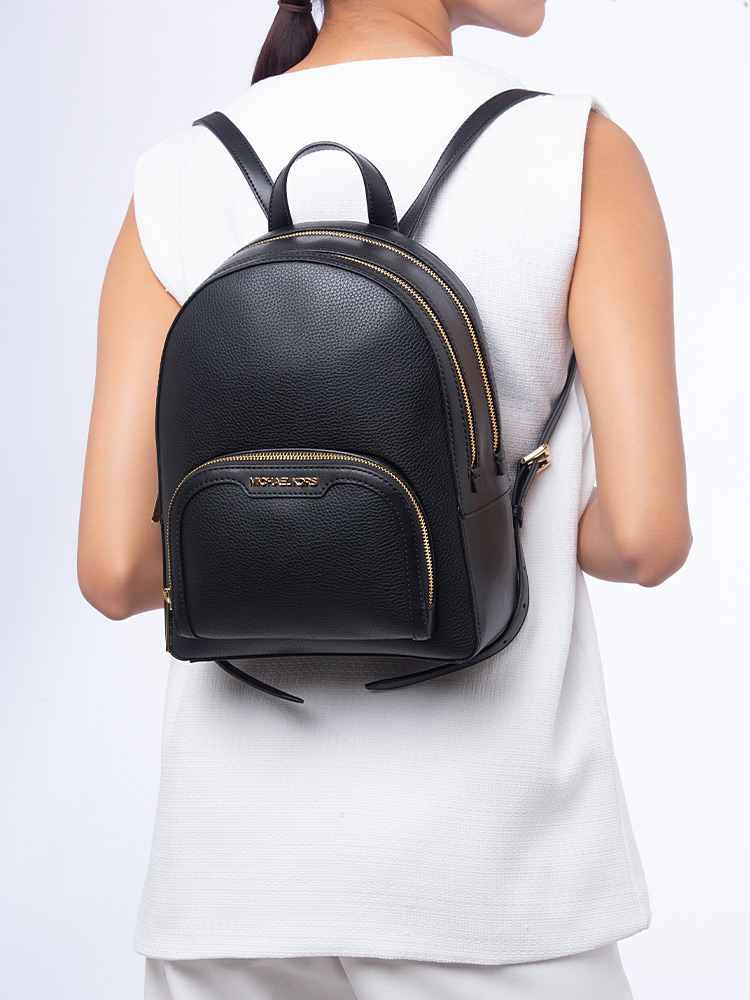 Jaycee Leather Medium Zip Pocket Backpack Black Gold