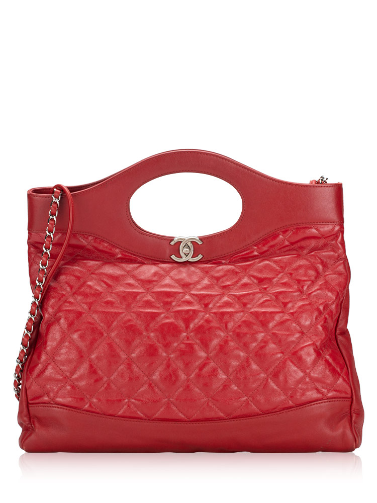 Shiny Crumpled Calfskin Large 31 Shopping Bag Red