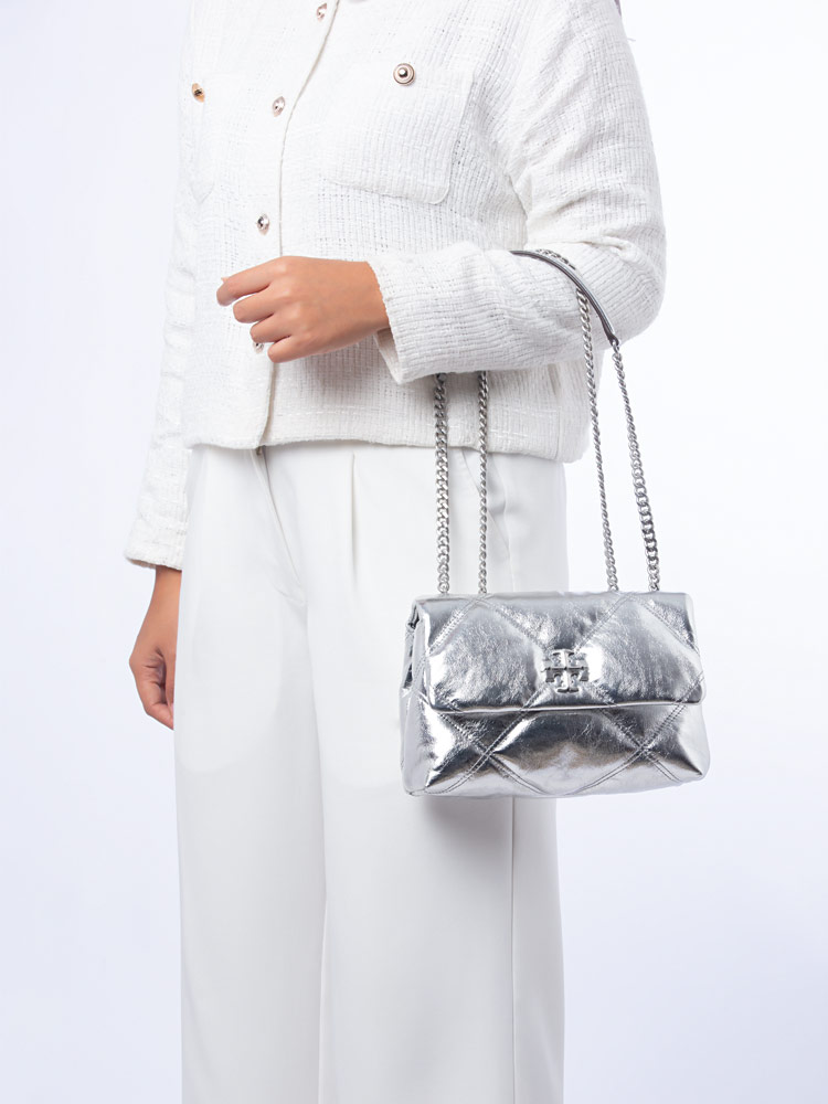 Kira Metallic Diamond Quilt Small Convertible Shoulder Bag Silver