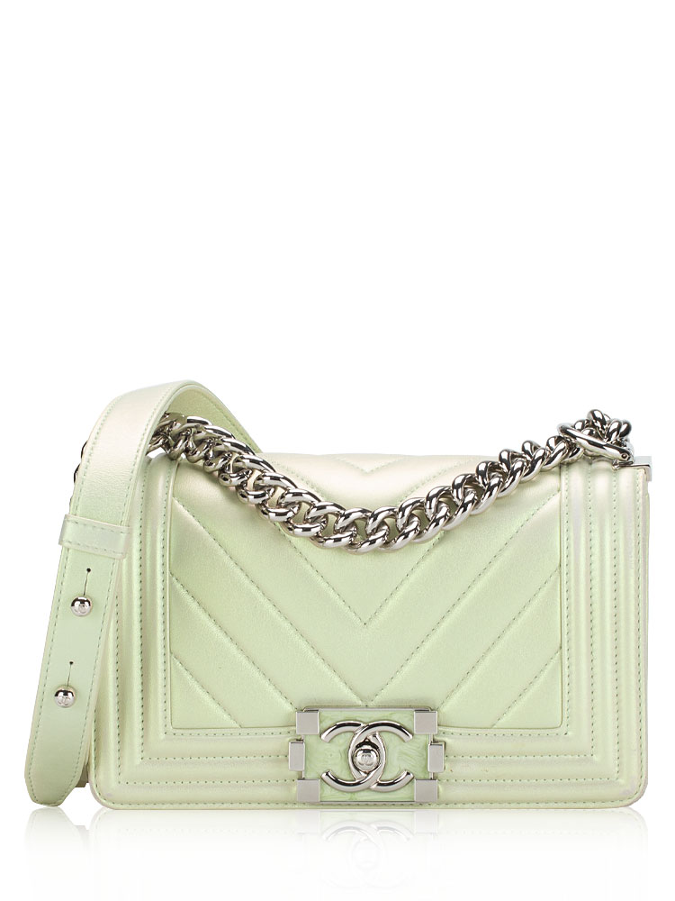 Iridescent Lambskin Chevron Small Boy Flap Bag Green