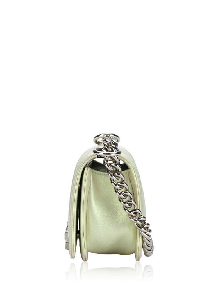 Iridescent Lambskin Chevron Small Boy Flap Bag Green