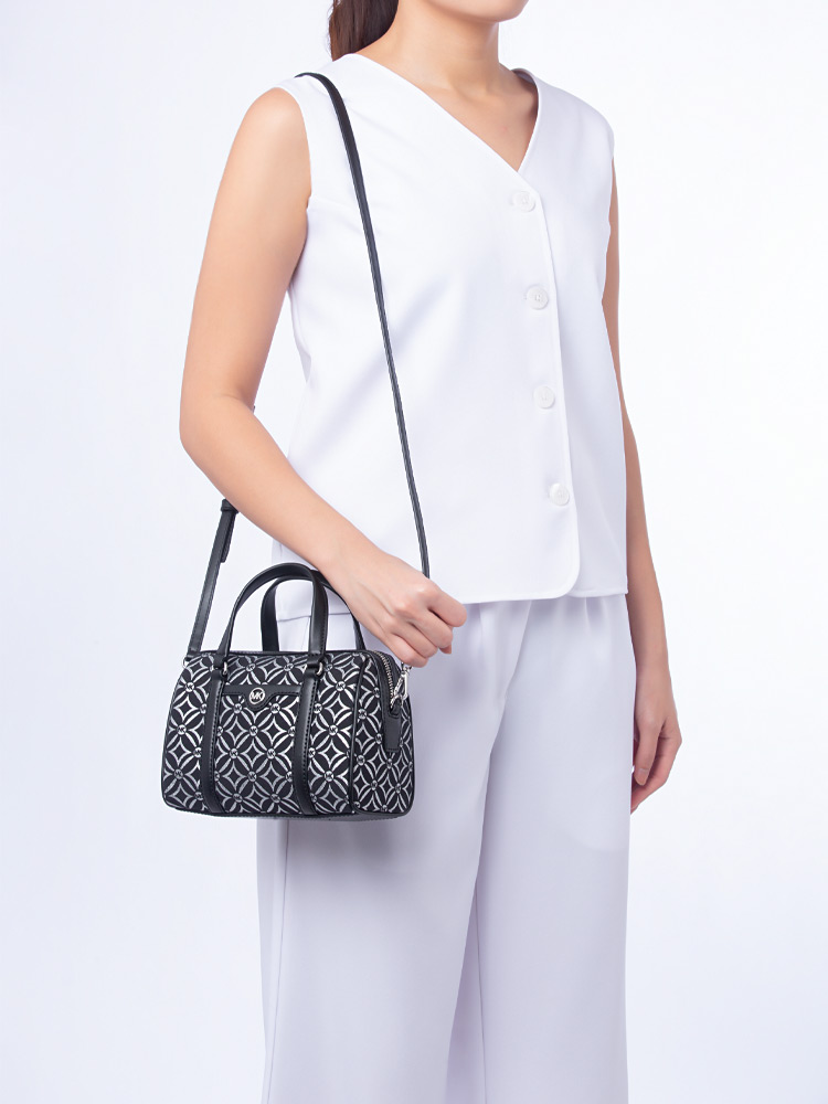 Signature Travel Small Metallic Duffle Crossbody Black Silver