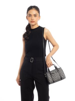 Signature Travel Small Metallic Duffle Crossbody Black Silver