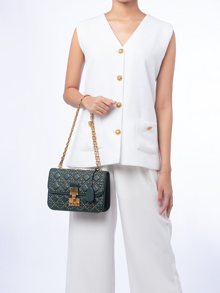 Lambskin Cannage Studded Dioraddict Large Flap Bag Green