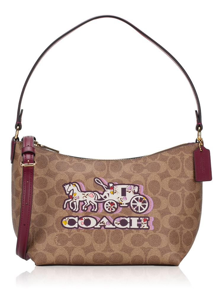 CX588 Signature Horse And Carriage Print Shoulder Bag Tan Black Cherry