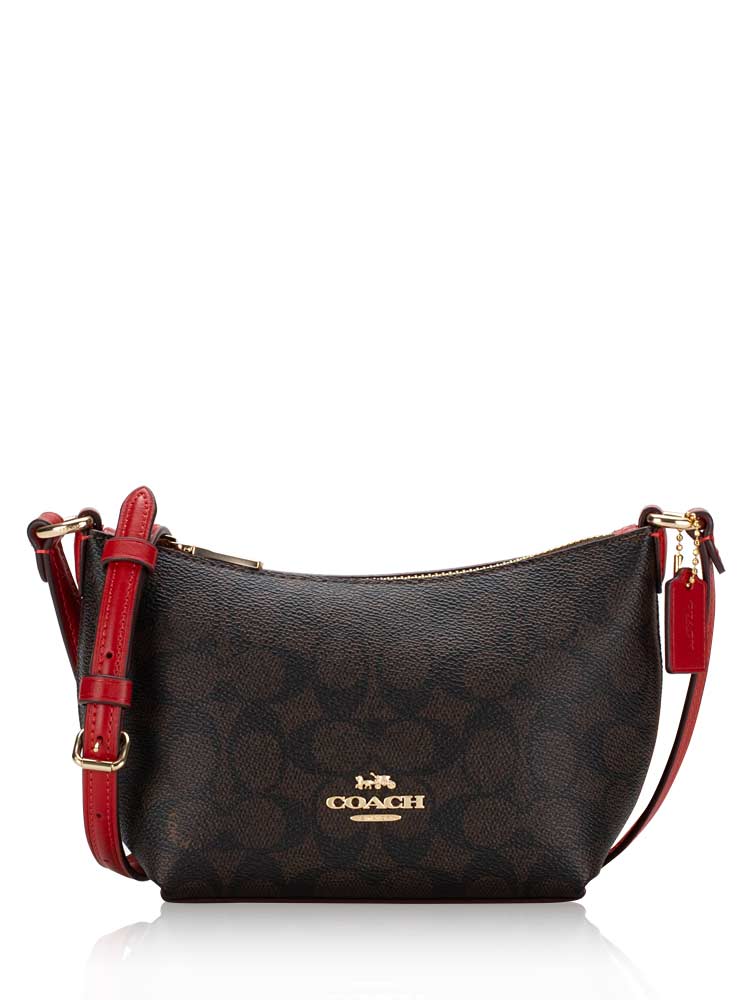 CX604 Signature Zip Crossbody Walnut Bold Red