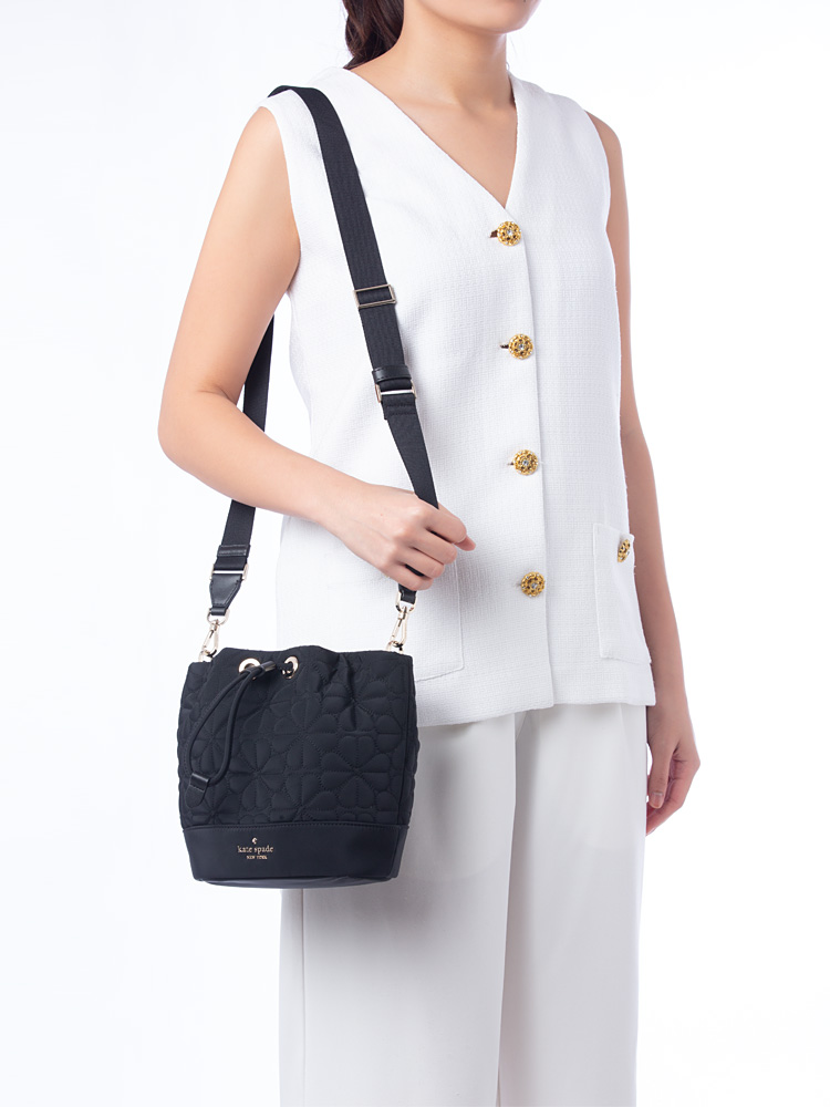 Spade Flower Quilted Nylon Mini Bucket Bag Black