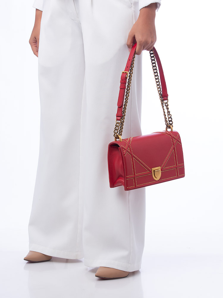 Calfskin Studded Medium Diorama Flap Bag Red