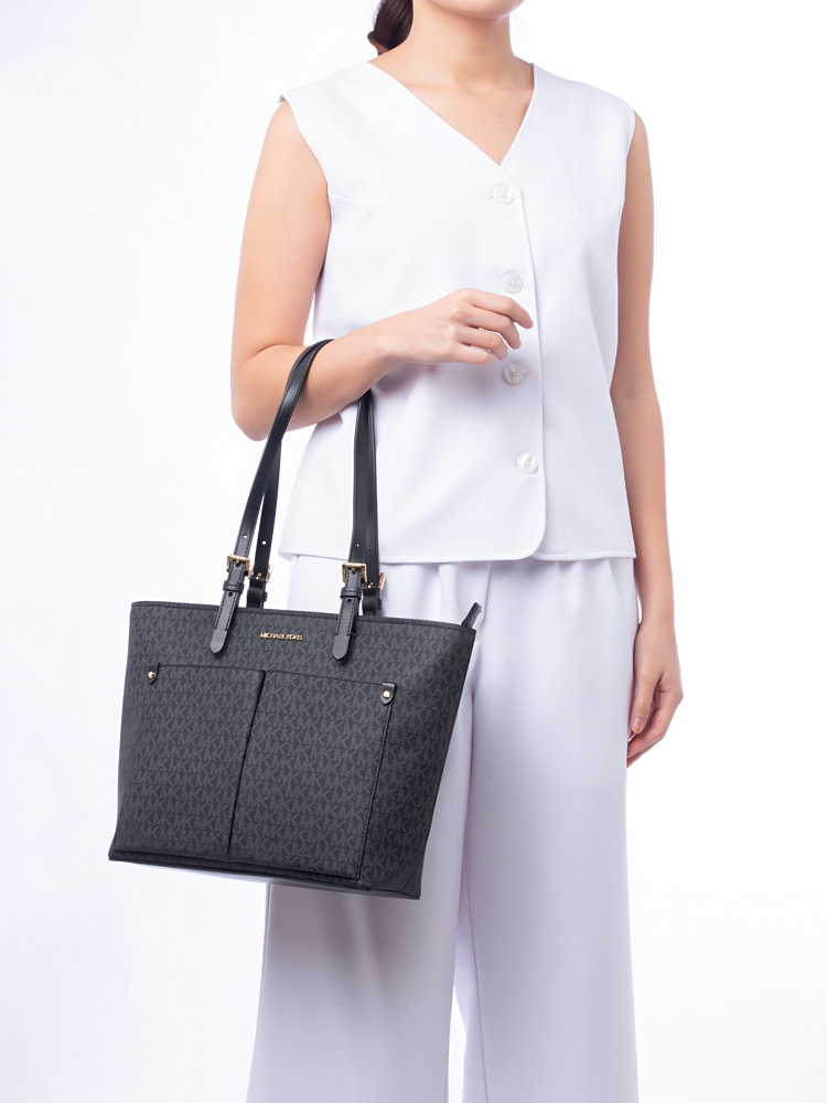 Signature Jet Set Travel Medium Double Pocket Tote Black Gold