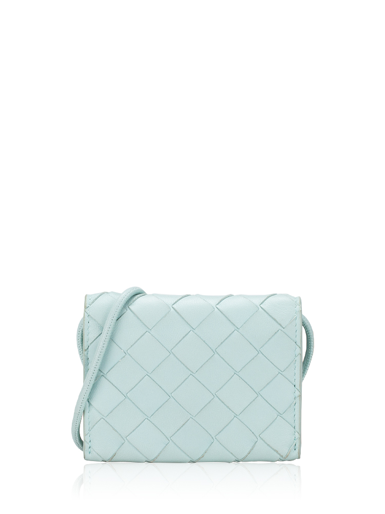 Nappa Intrecciato Card Case On Strap Washed Teal