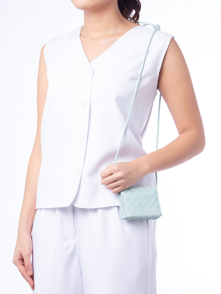 Nappa Intrecciato Card Case On Strap Washed Teal
