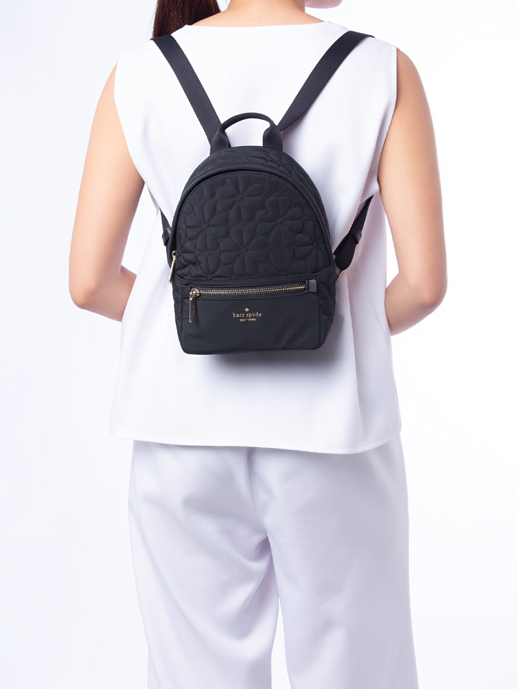 Spade Flower Quilted Fabric Small Backpack Black