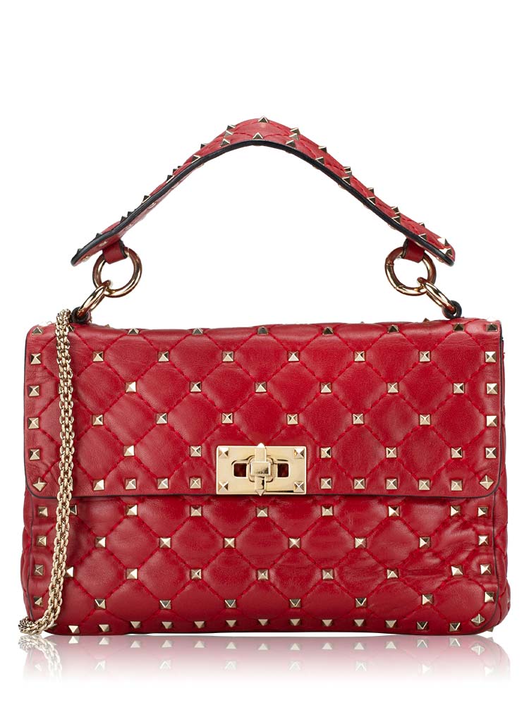 Nappa Rockstud Spike Medium Shoulder Bag Red