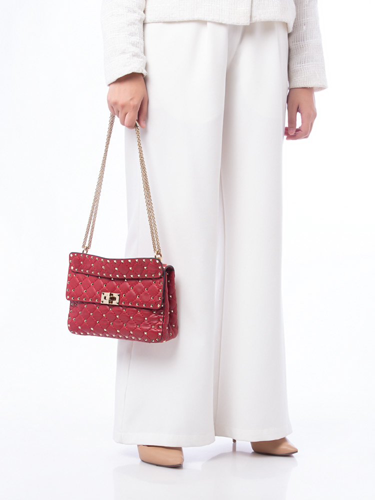 Nappa Rockstud Spike Medium Shoulder Bag Red