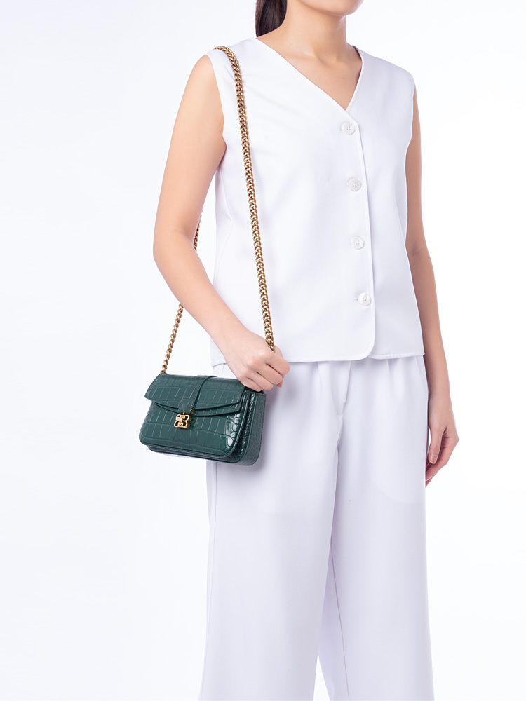 Shiny Supple Calfskin Croco Effect Lady XS Flap Bag Forest green
