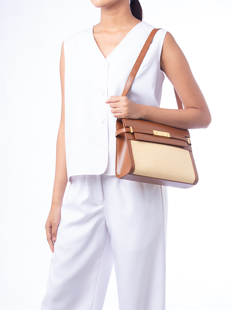 Raffia Calfskin Manhattan Shoulder Bag Natural Brick