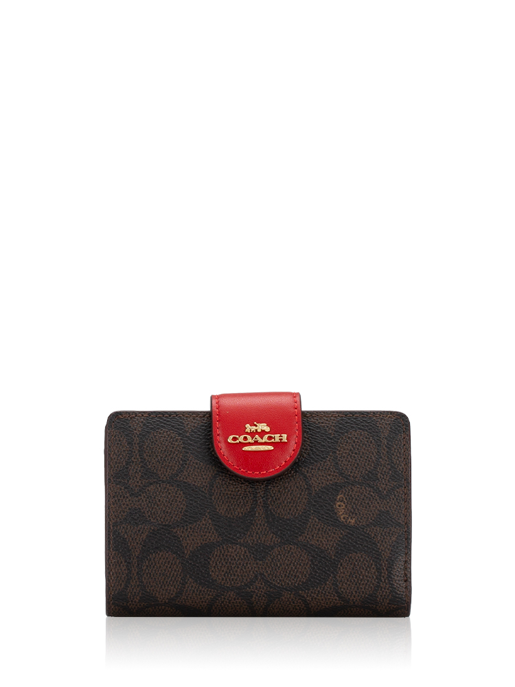 CW786 Signature Medium Corner Zip Wallet Walnut Bold Red