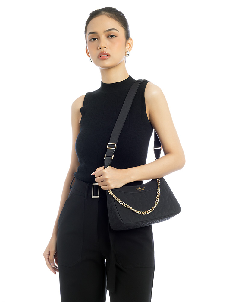 Flower Quilted Fabric Convertible Crossbody Black