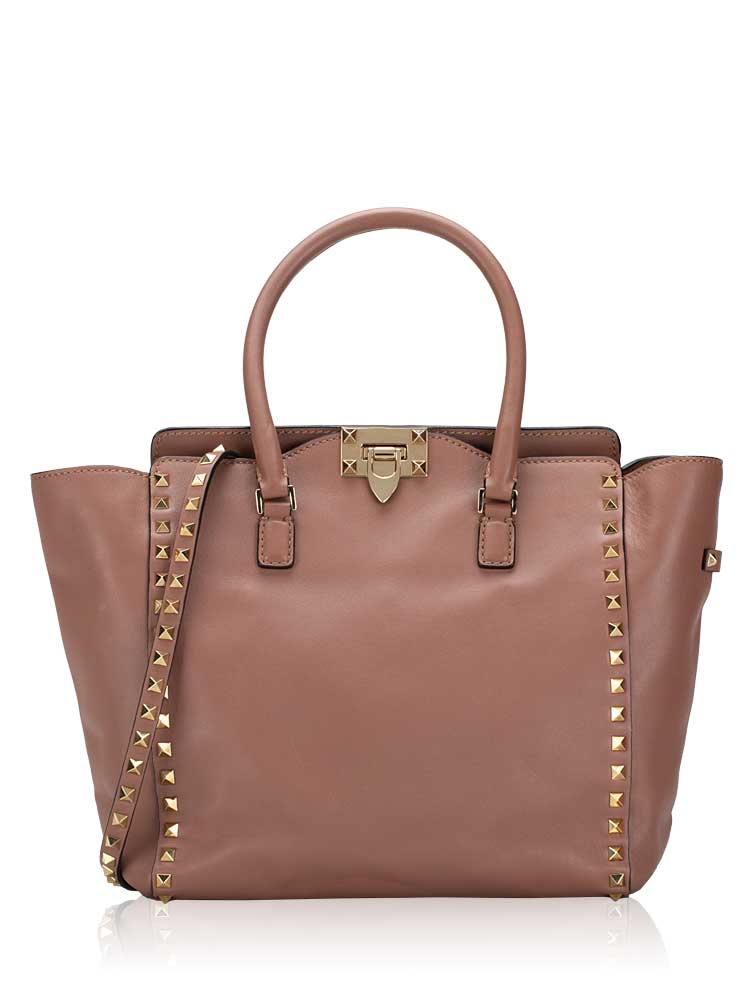 Vitello Rockstud Double Handle Tote Poudre Brown
