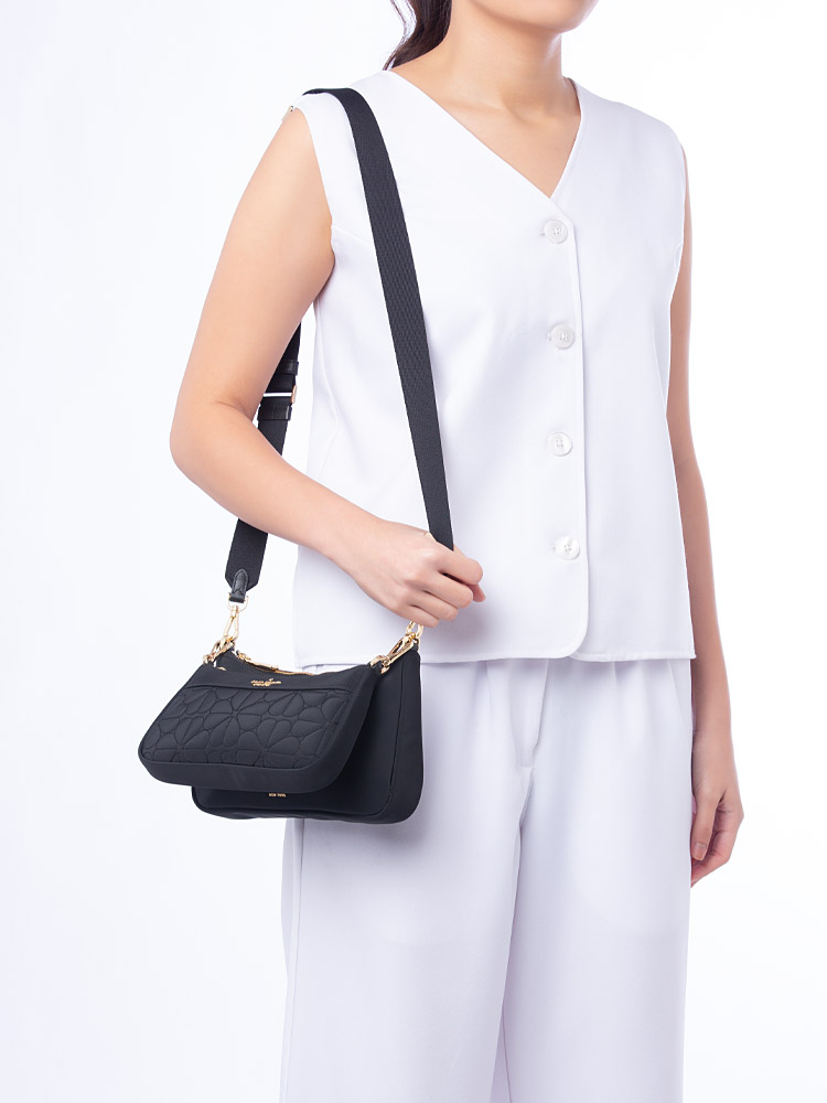 Duet Spade Flower Quilted Nylon Crossbody Black