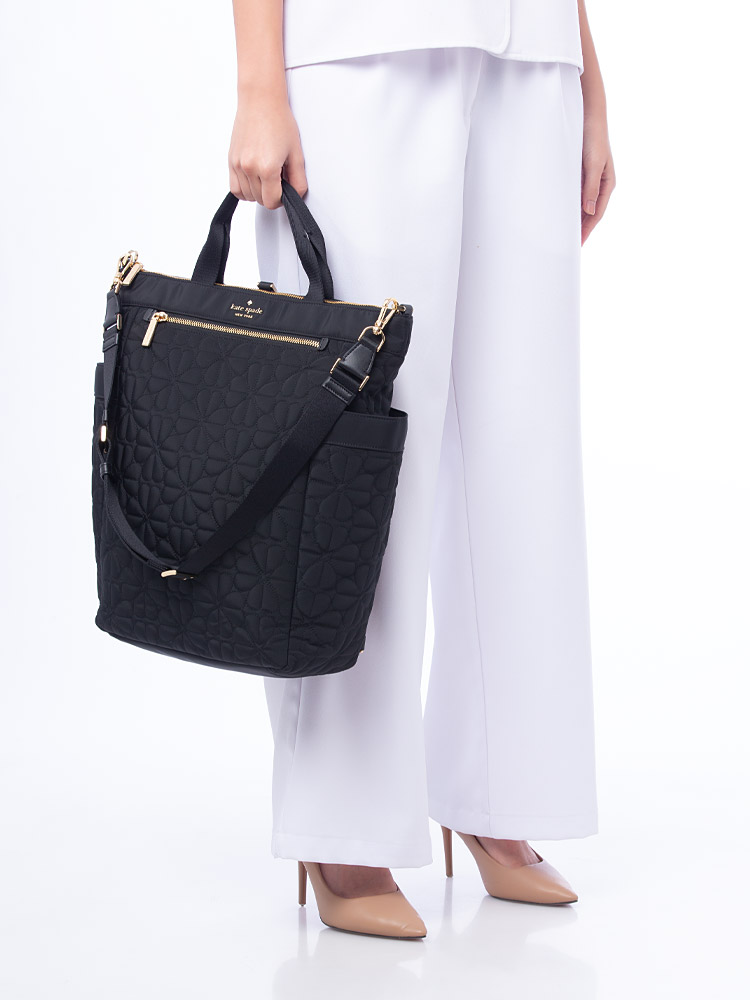 Flower Quilted Fabric Medium Convertible Backpack Black